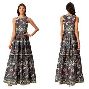 ESHAKTI Floral Bird Tile Print Dupioni Maxi Dress {3N28}